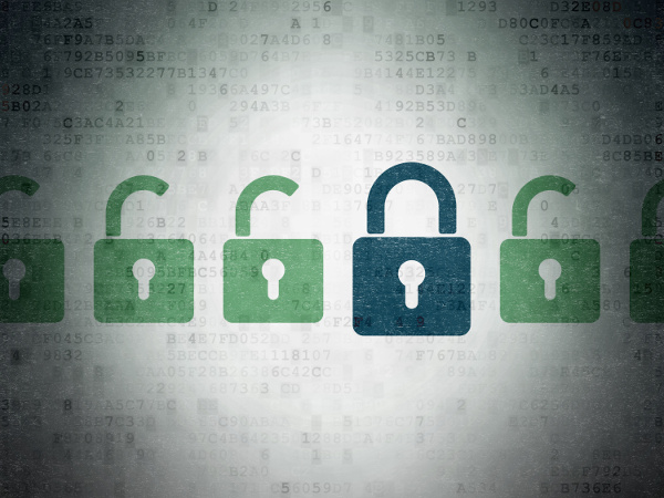 Closed blue padlock icon in a row of open green locks, against a digital background